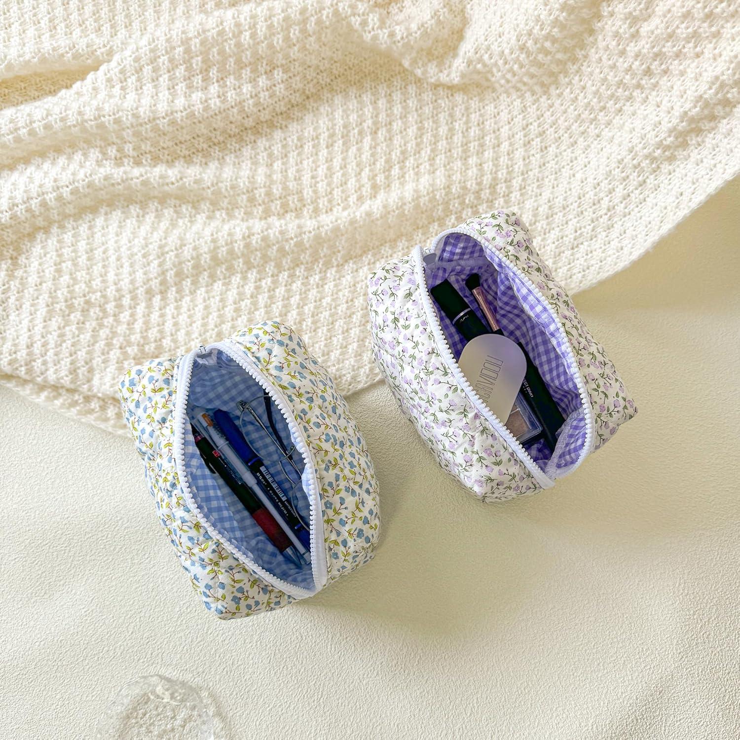 Bolsa de Maquillaje Acolchada Sminra Cuadros Florales Azules