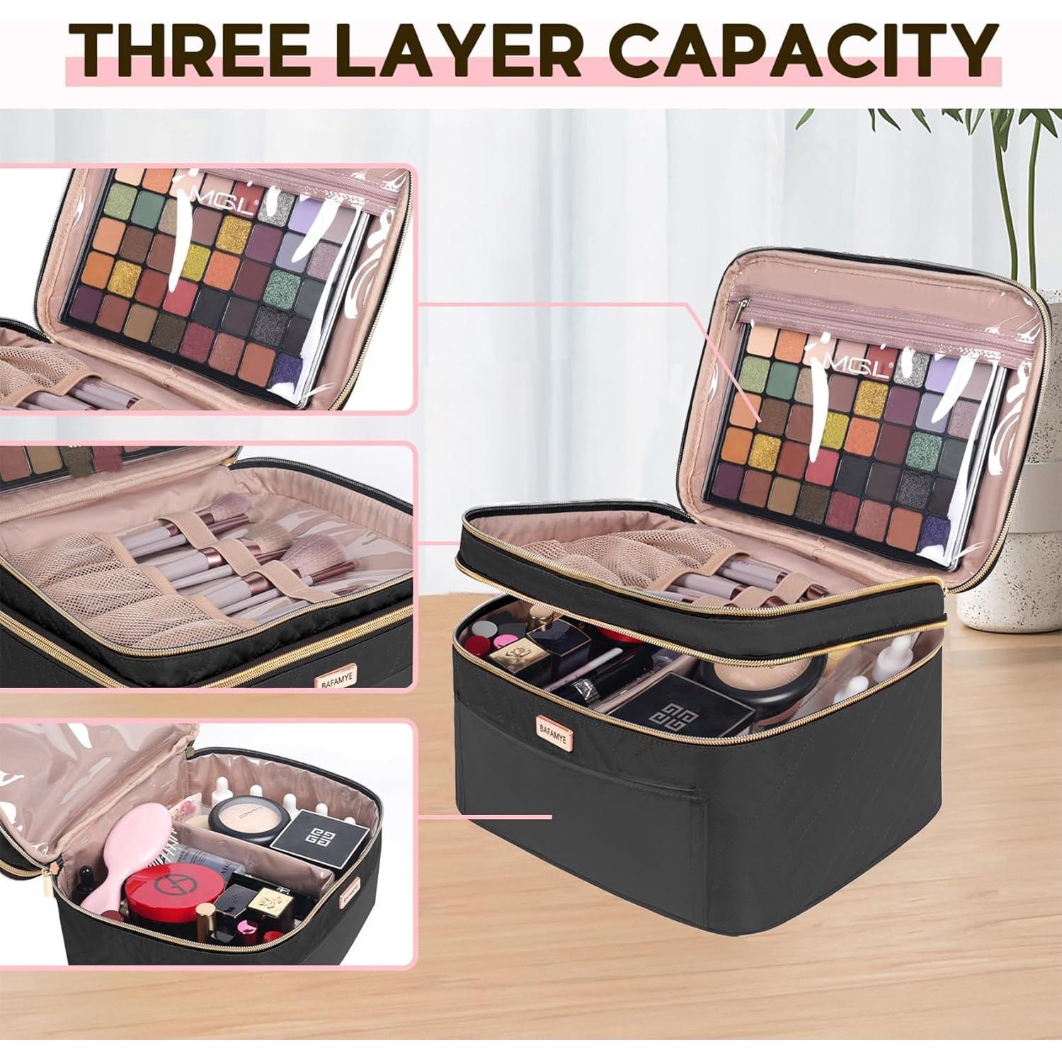 Bolsa de Maquillaje BAFAMYE Doble Capa Negra 27.4x19.8x16.3cm