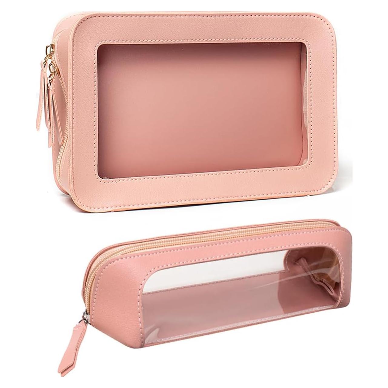 Paquete de 2 Bolsas de Maquillaje Transparentes Rosa - Organizador de Cosméticos
