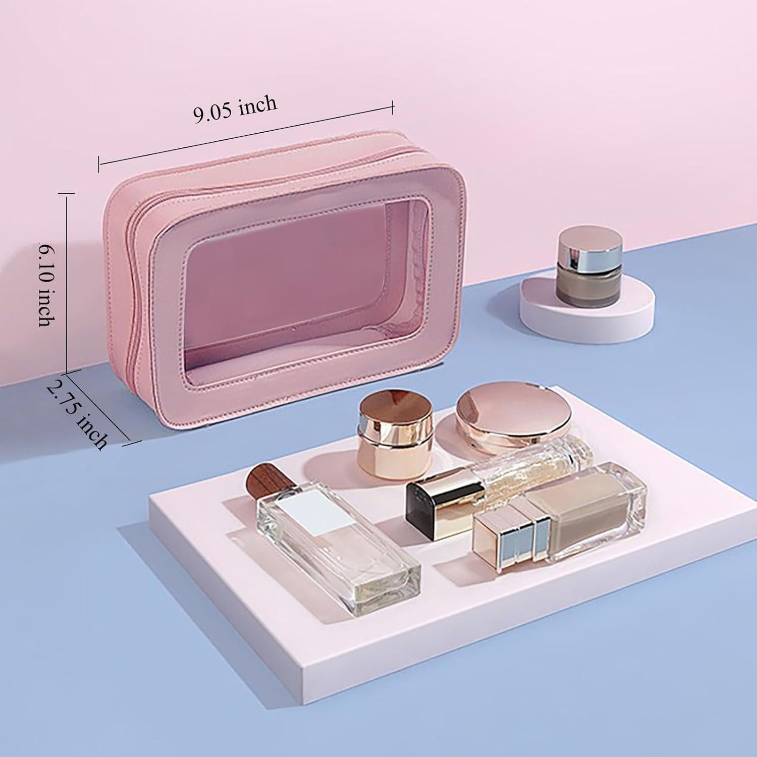 Paquete de 2 Bolsas de Maquillaje Transparentes Rosa - Organizador de Cosméticos