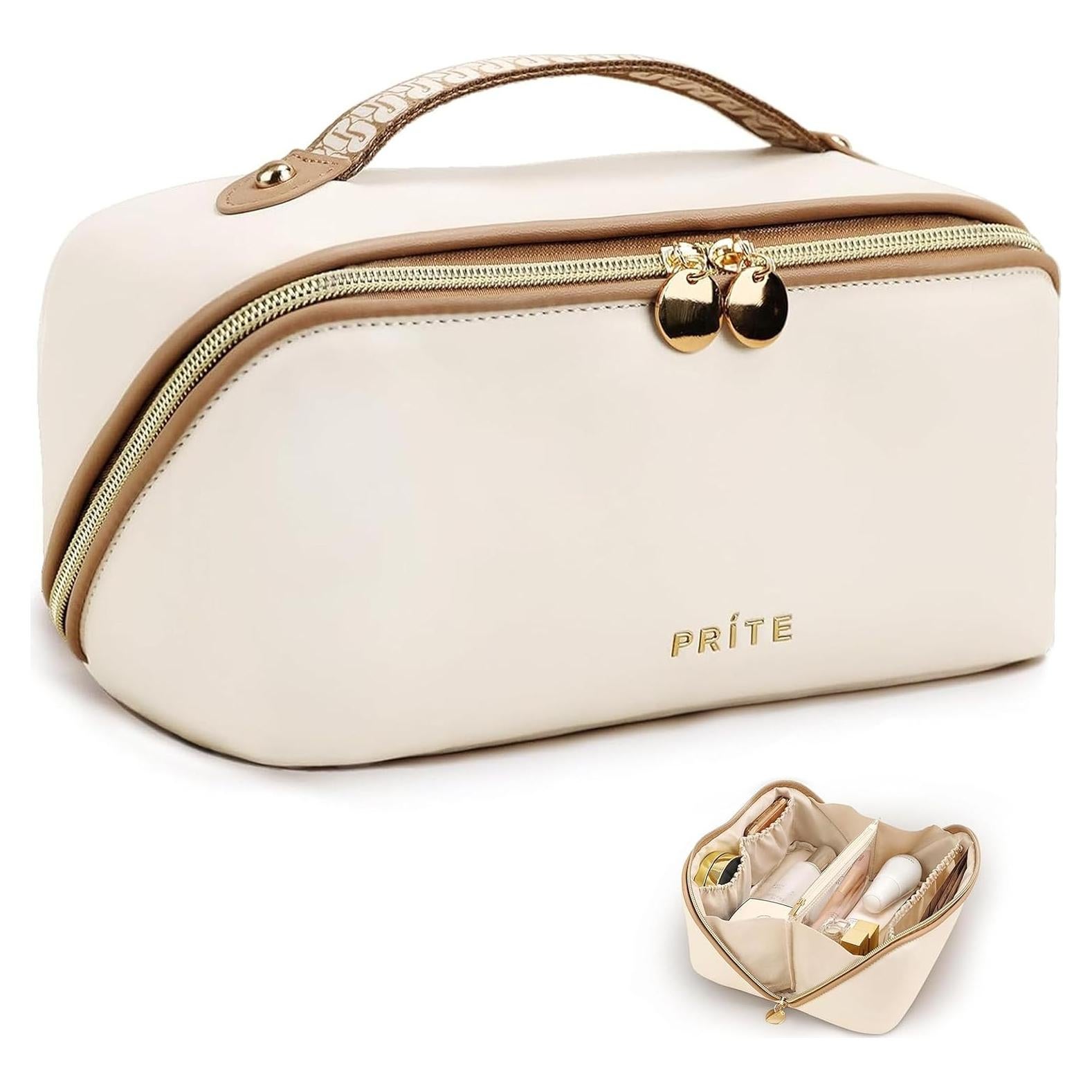 Bolsa de Maquillaje Prite Mediana Beige Impermeable de Cuero Vegano