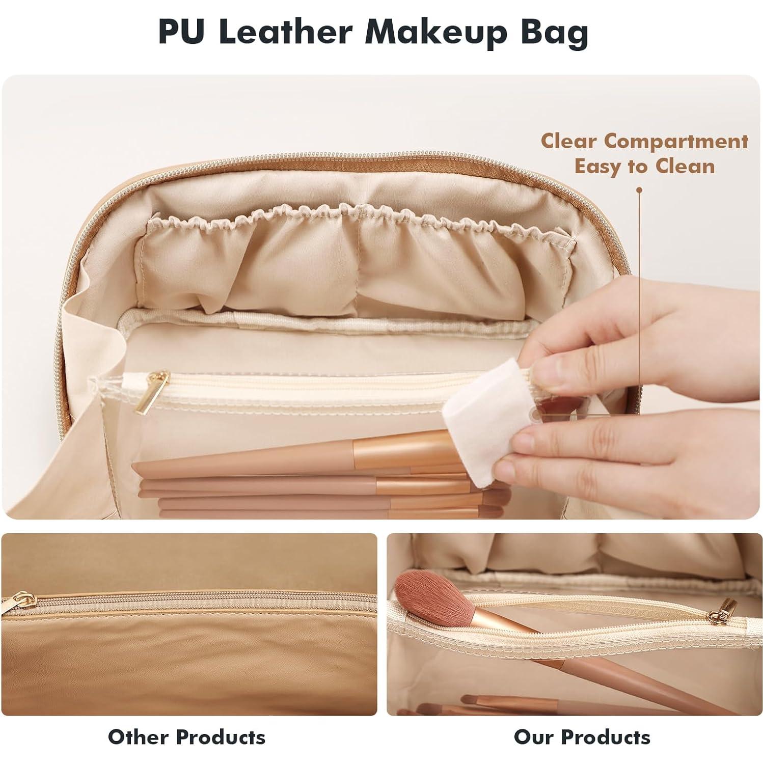 Bolsa de Maquillaje Prite Mediana Beige Impermeable de Cuero Vegano