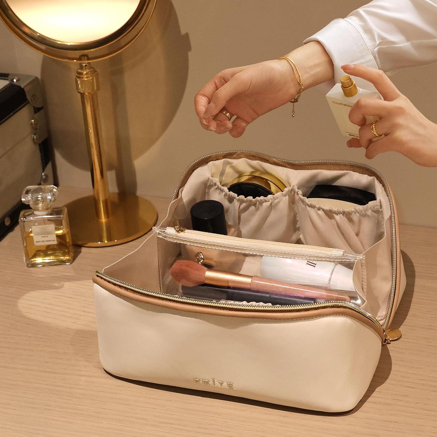 Bolsa de Maquillaje Prite Mediana Beige Impermeable de Cuero Vegano