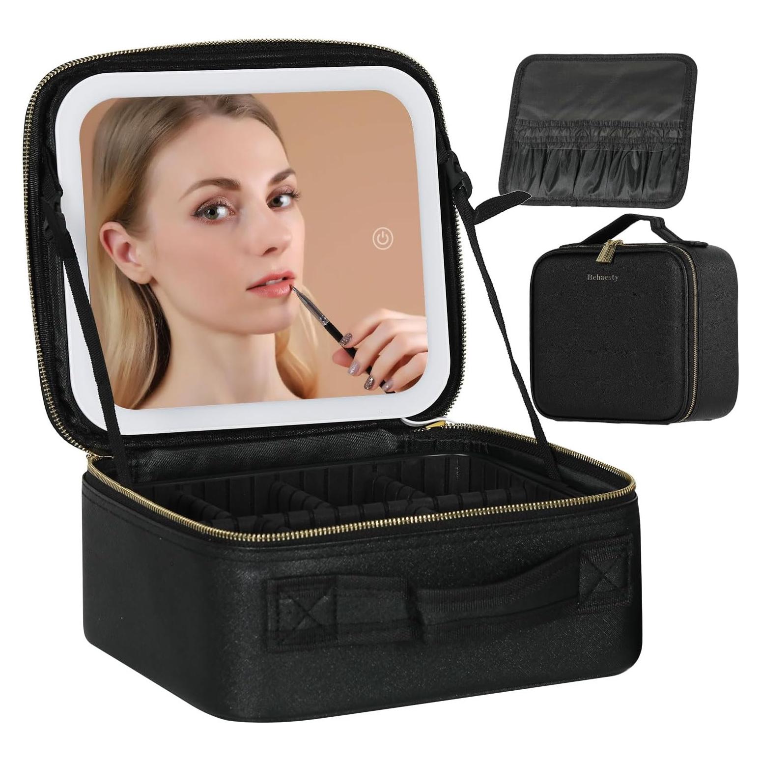 Bolsa de Maquillaje de Viaje Behaesty con Espejo LED Negro