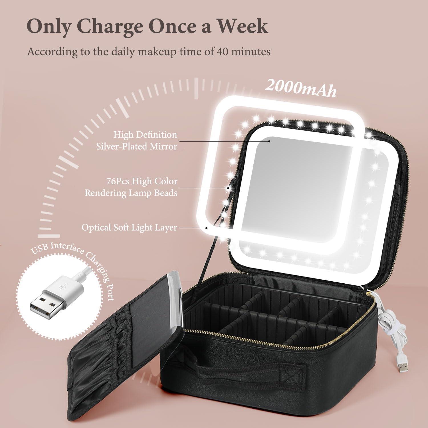 Bolsa de Maquillaje de Viaje Behaesty con Espejo LED Negro