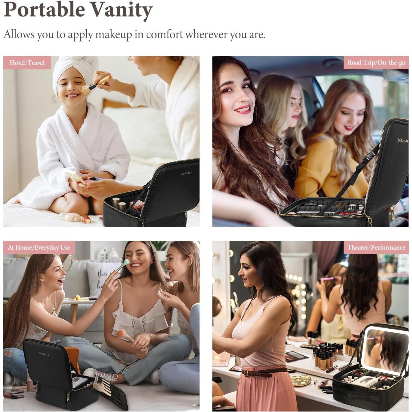 Bolsa de Maquillaje de Viaje Behaesty con Espejo LED Negro