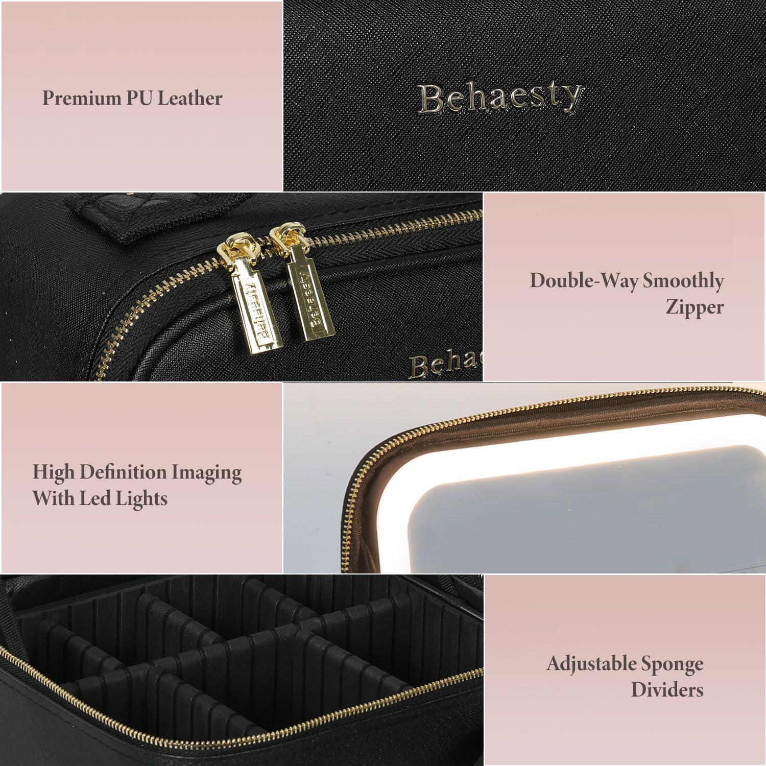 Bolsa de Maquillaje de Viaje Behaesty con Espejo LED Negro