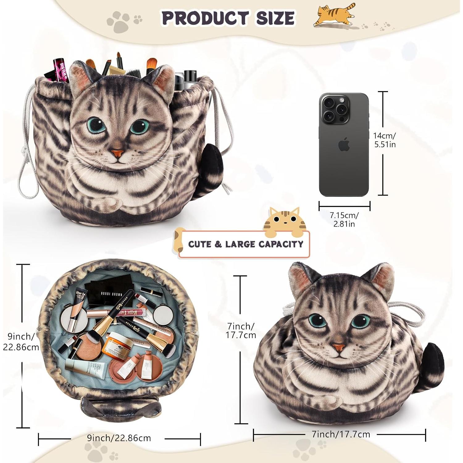 Bolsa de Maquillaje Gato Gris Openhaha con Cierre de Cuerda