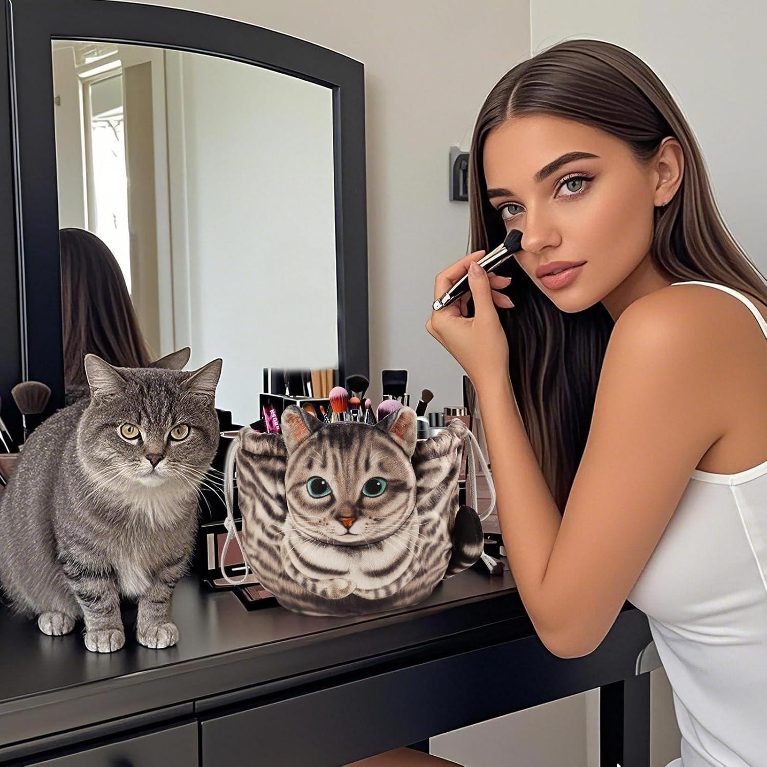 Bolsa de Maquillaje Gato Gris Openhaha con Cierre de Cuerda