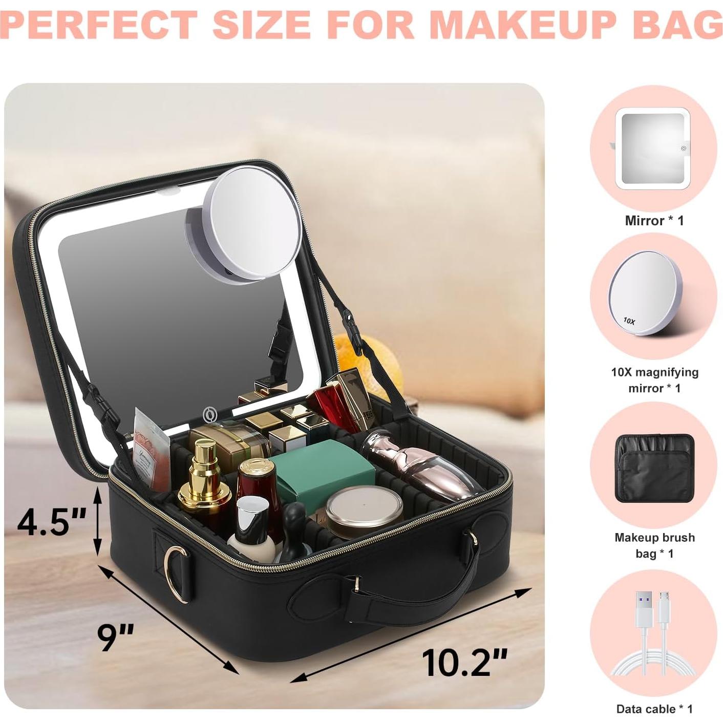 Bolsa de Maquillaje de Viaje Mocado con Espejo LED 10X Negro