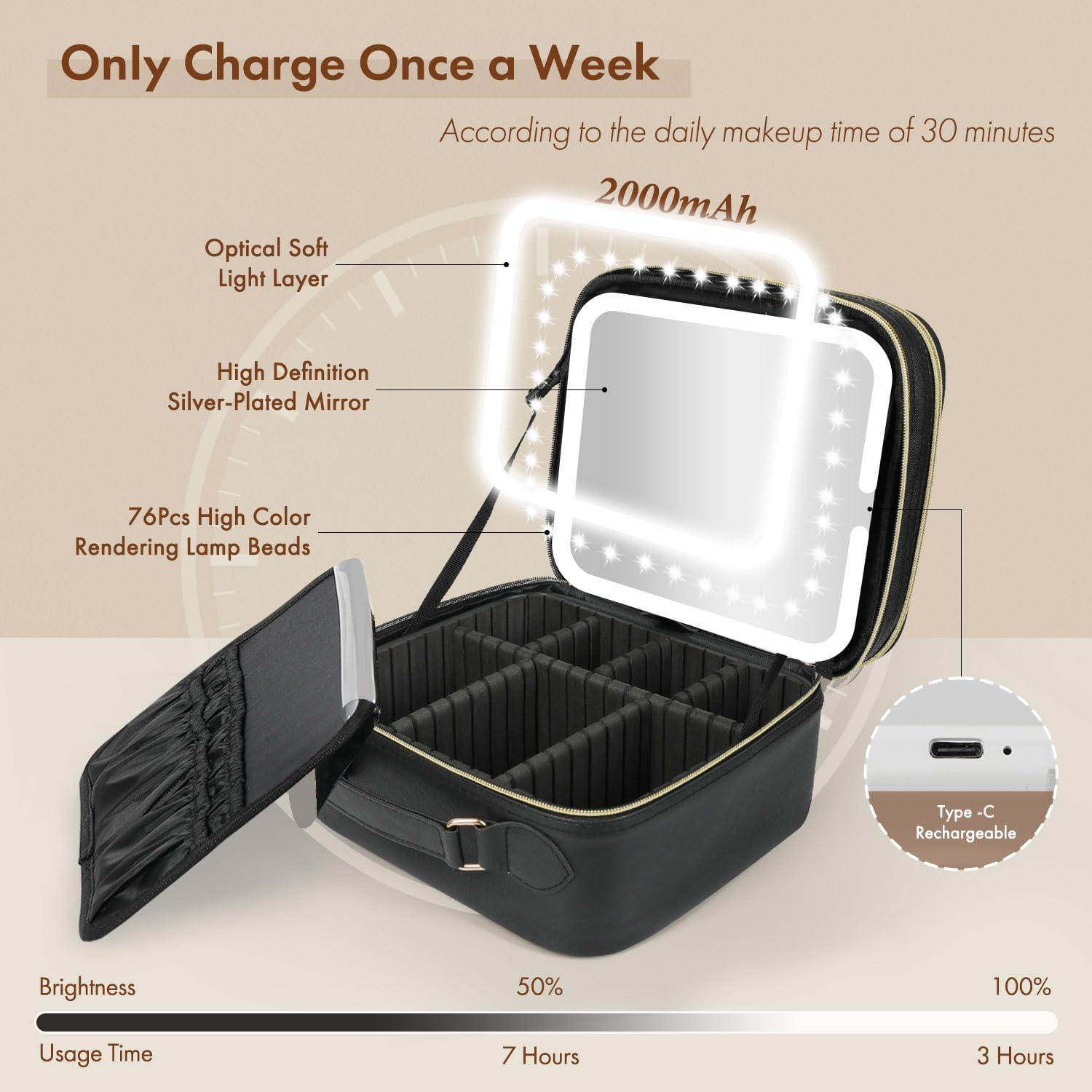 Bolsa de Maquillaje Behaesty con Espejo LED Tri-color 26.5x23.1cm