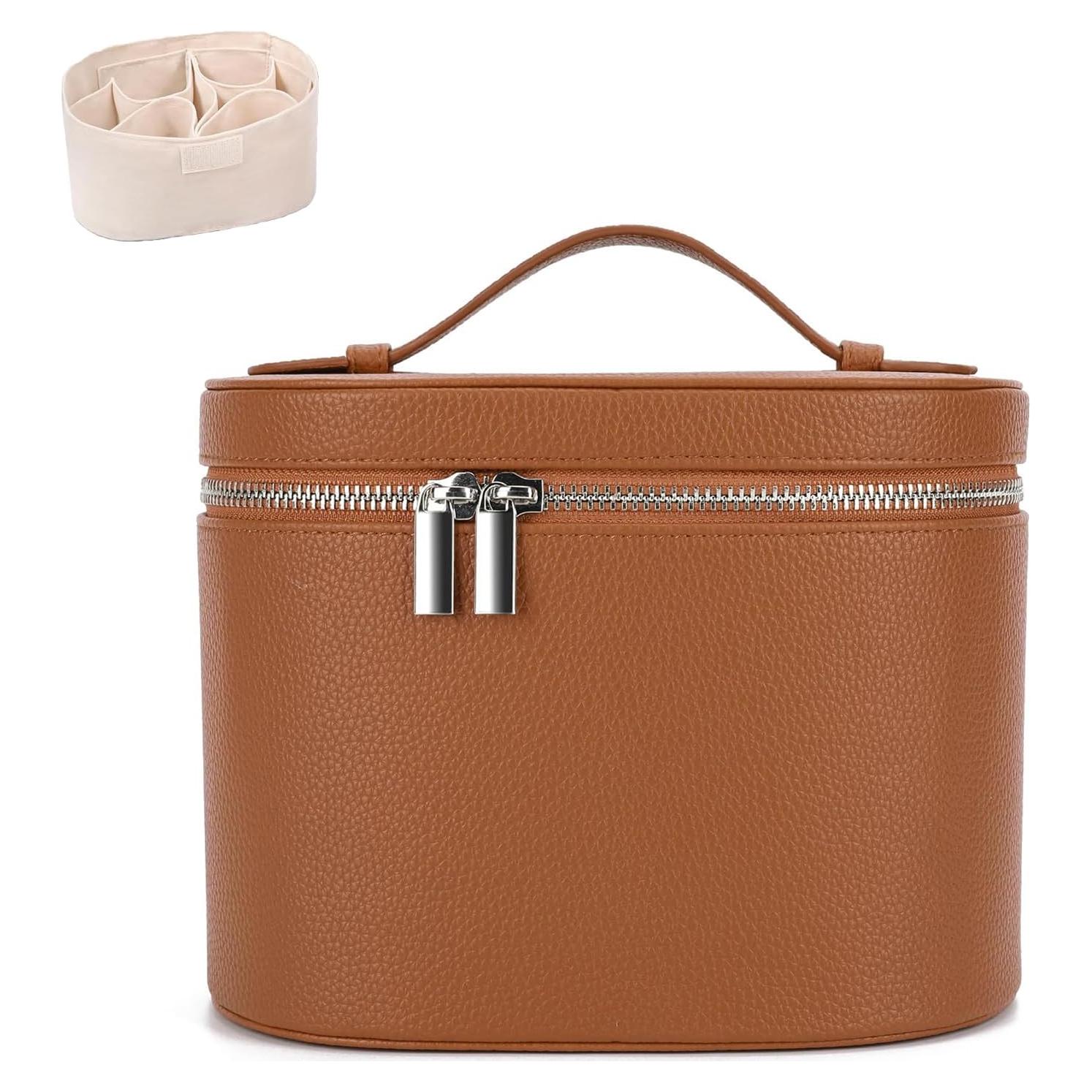 Bolsa de Maquillaje de Cuero YONGMAO Marrón con Compartimentos