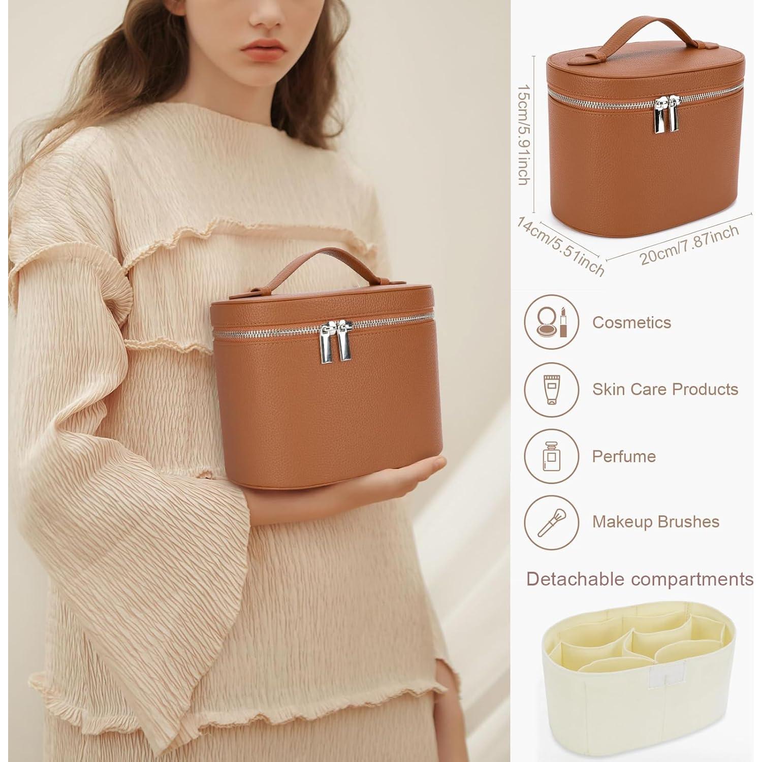 Bolsa de Maquillaje de Cuero YONGMAO Marrón con Compartimentos