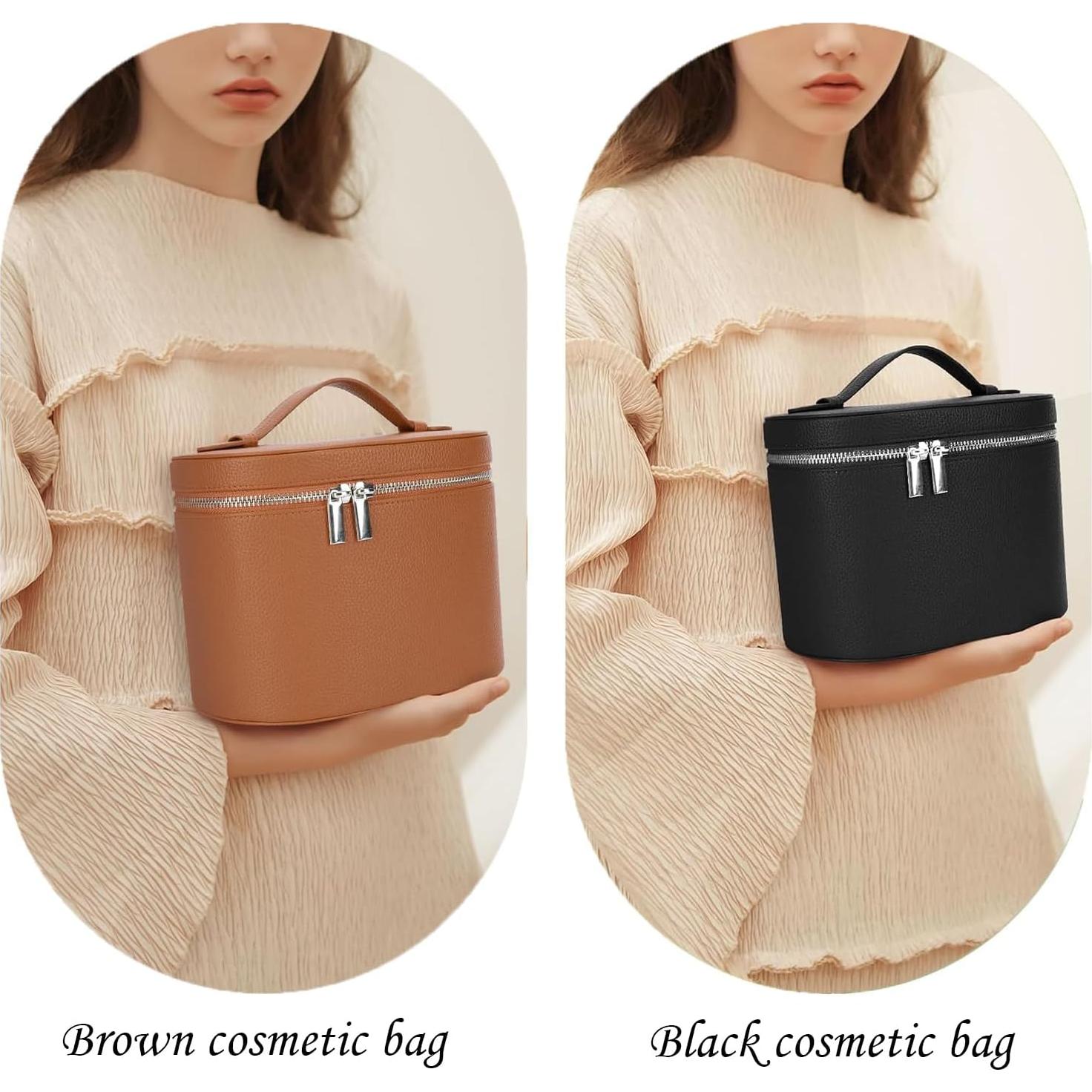 Bolsa de Maquillaje de Cuero YONGMAO Marrón con Compartimentos