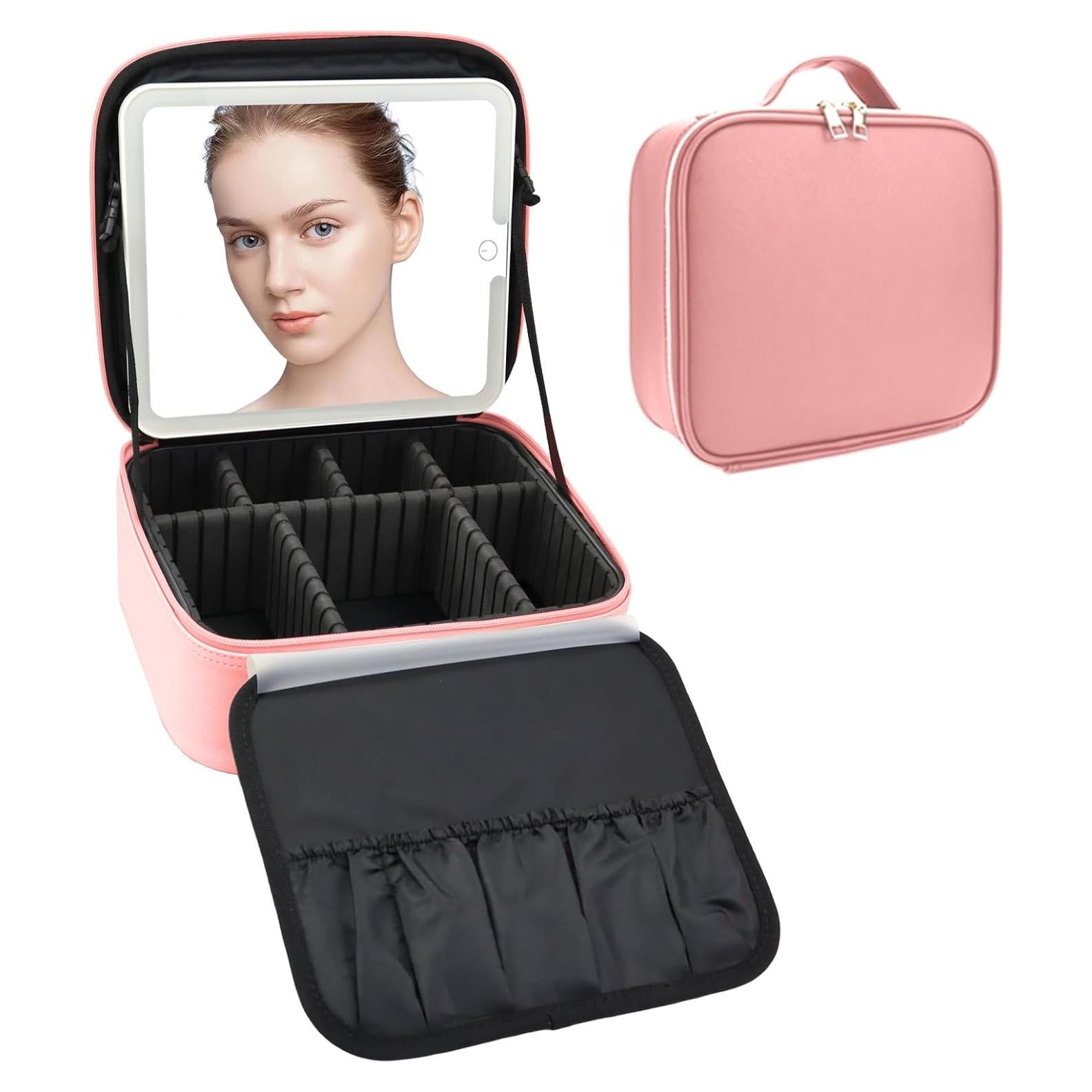 Bolsa de Maquillaje de Viaje SLUMAZI con Espejo LED Rosa