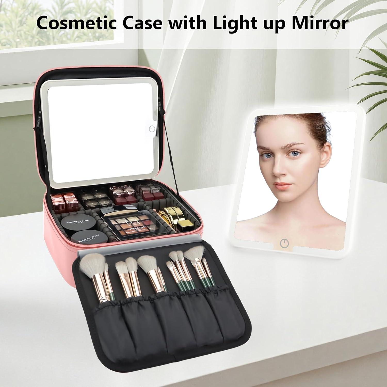 Bolsa de Maquillaje de Viaje SLUMAZI con Espejo LED Rosa