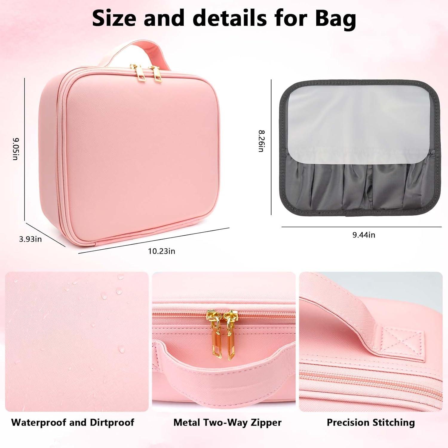 Bolsa de Maquillaje de Viaje SLUMAZI con Espejo LED Rosa