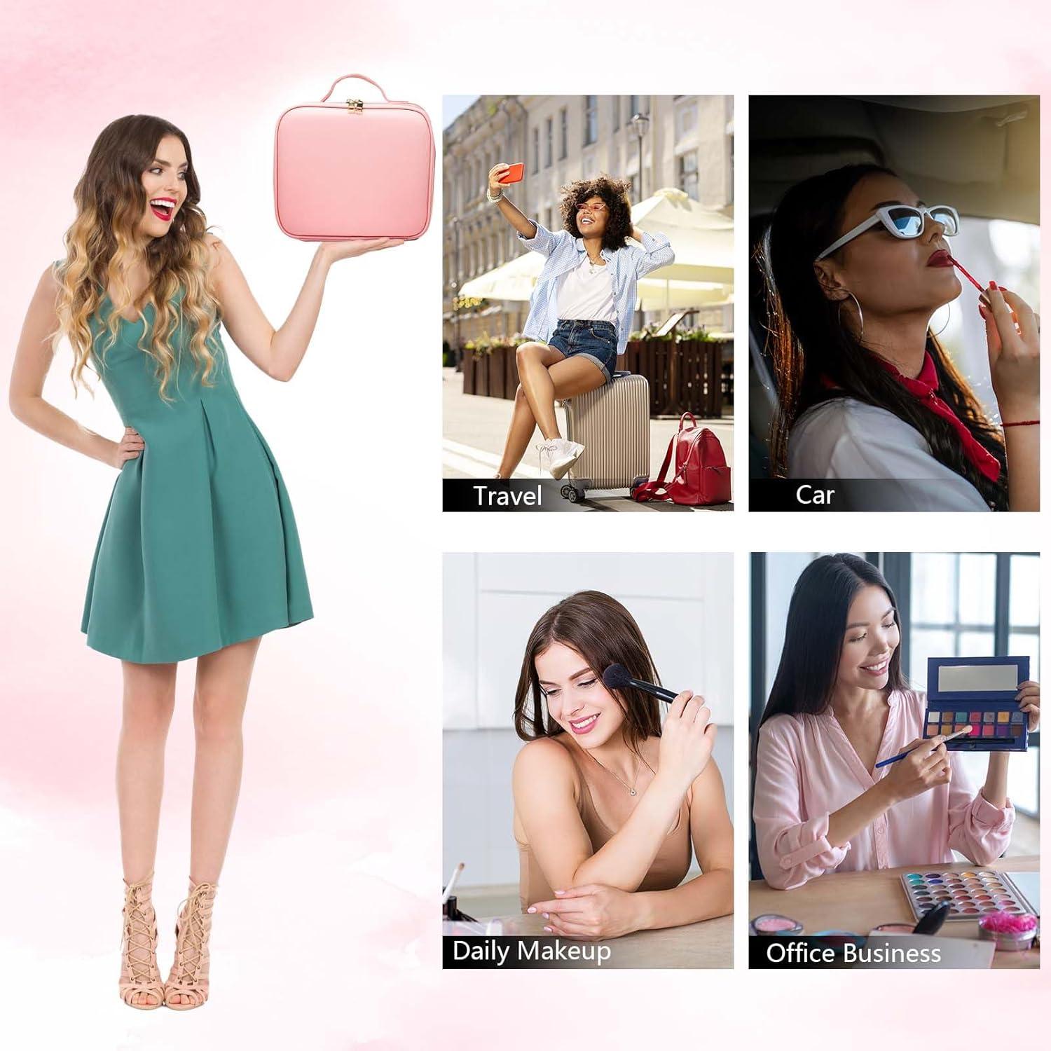 Bolsa de Maquillaje de Viaje SLUMAZI con Espejo LED Rosa