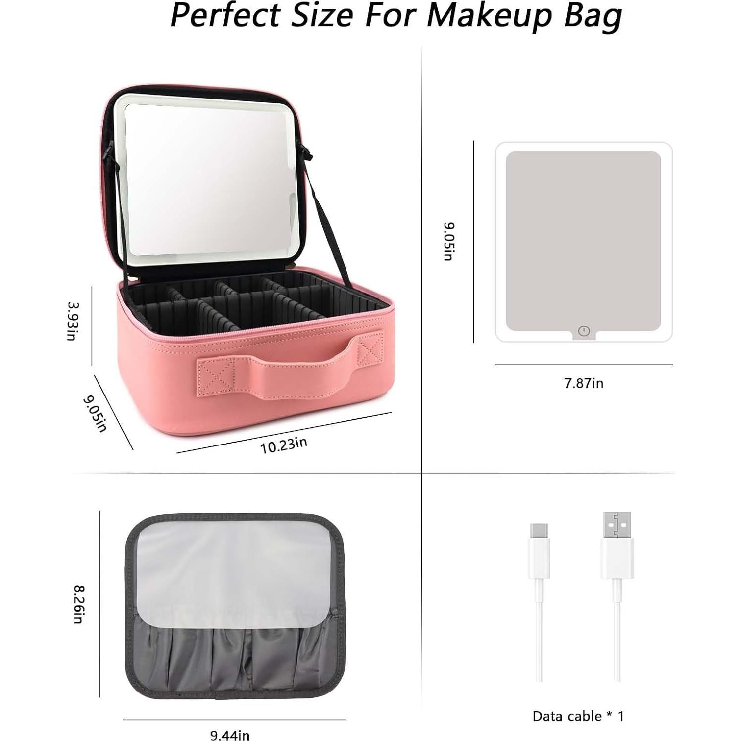 Bolsa de Maquillaje de Viaje SLUMAZI con Espejo LED Rosa