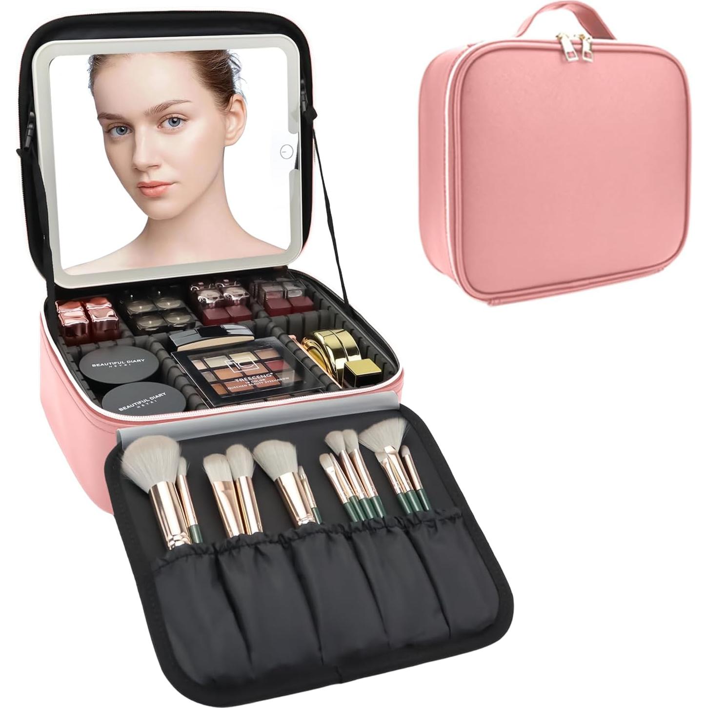 Bolsa de Maquillaje de Viaje SLUMAZI con Espejo LED Rosa