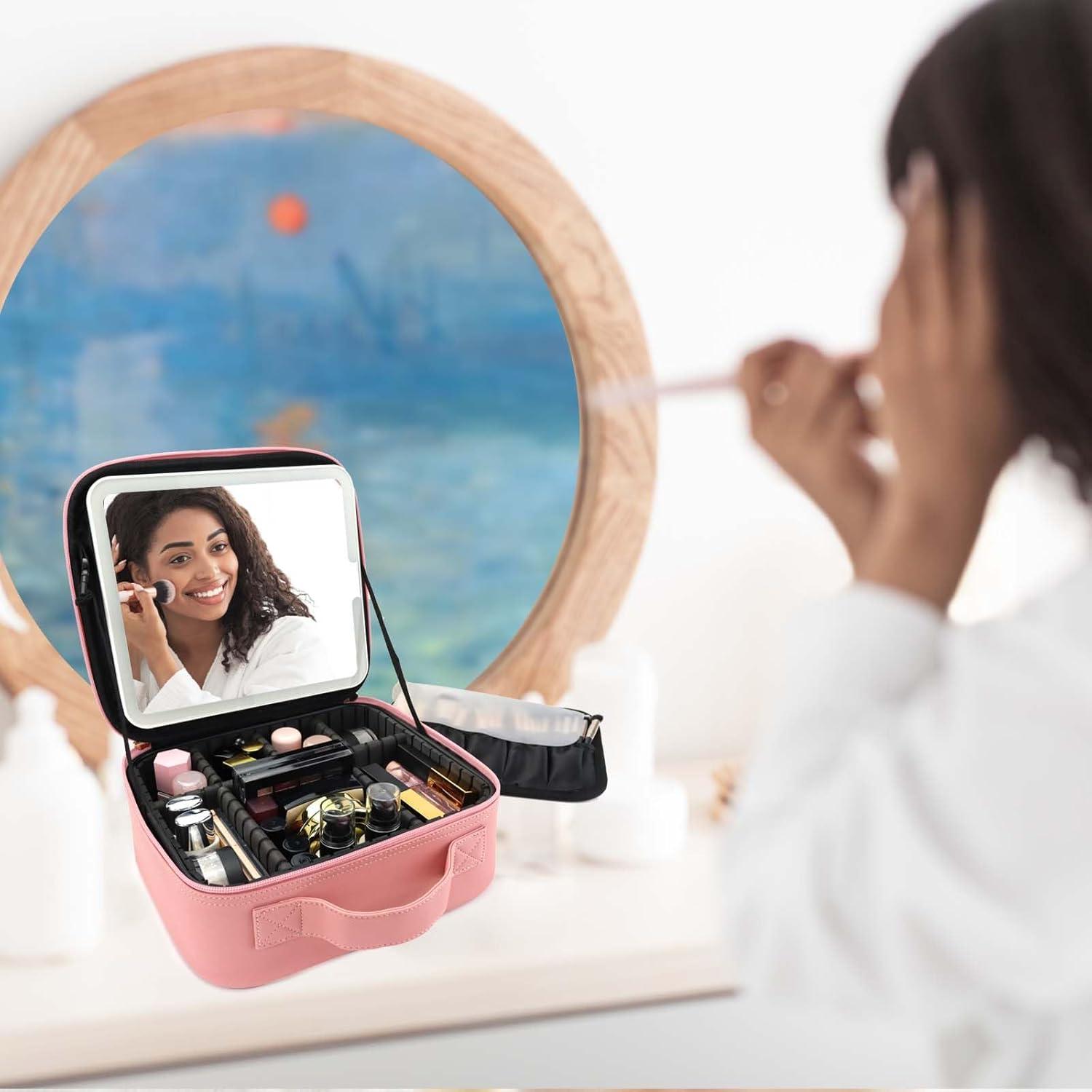Bolsa de Maquillaje de Viaje SLUMAZI con Espejo LED Rosa