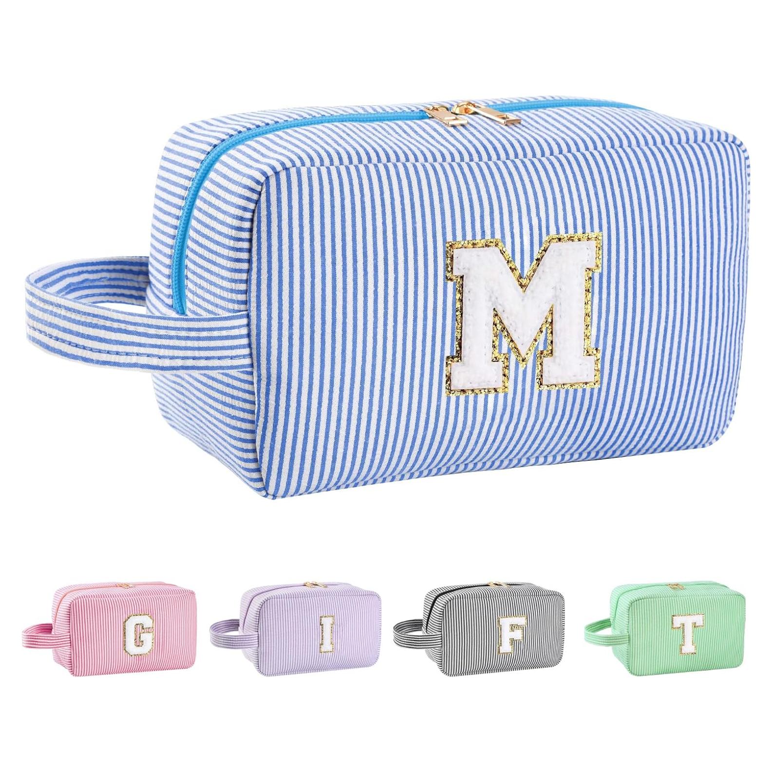 Personalized Initial Makeup Bag A-Z, Travel Toiletry Bag Preppy Make Up Bags Girls Cute Cosmetic Pouch Makeup Organizer Wedding Birthday Mothers Day Gifts for Women (Blue, M)