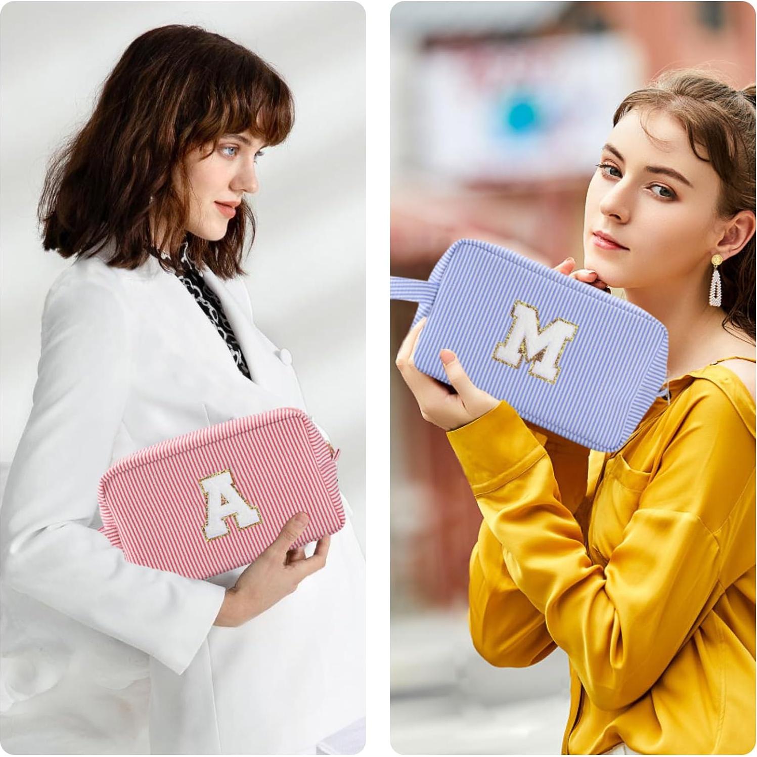 Personalized Initial Makeup Bag A-Z, Travel Toiletry Bag Preppy Make Up Bags Girls Cute Cosmetic Pouch Makeup Organizer Wedding Birthday Mothers Day Gifts for Women (Blue, M)