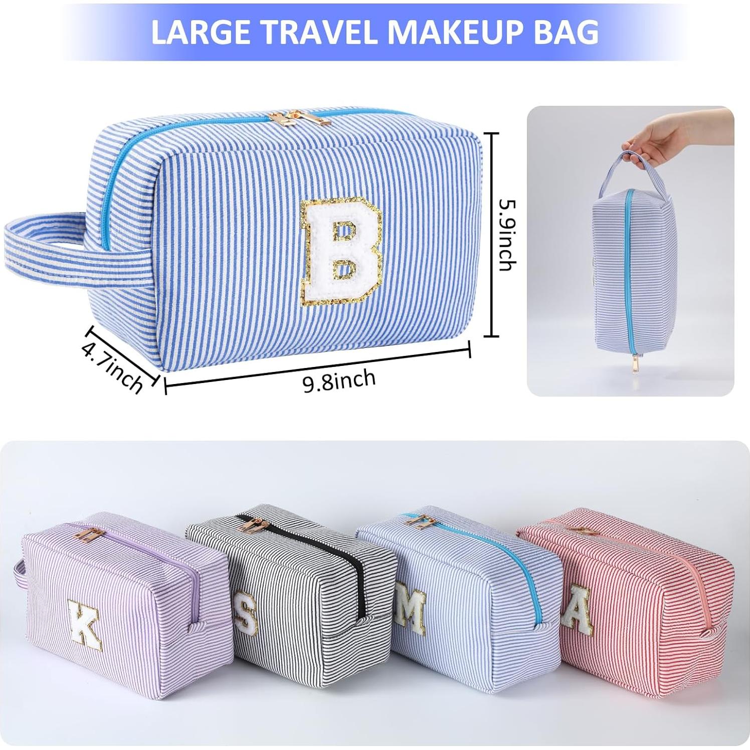 Personalized Initial Makeup Bag A-Z, Travel Toiletry Bag Preppy Make Up Bags Girls Cute Cosmetic Pouch Makeup Organizer Wedding Birthday Mothers Day Gifts for Women (Blue, M)