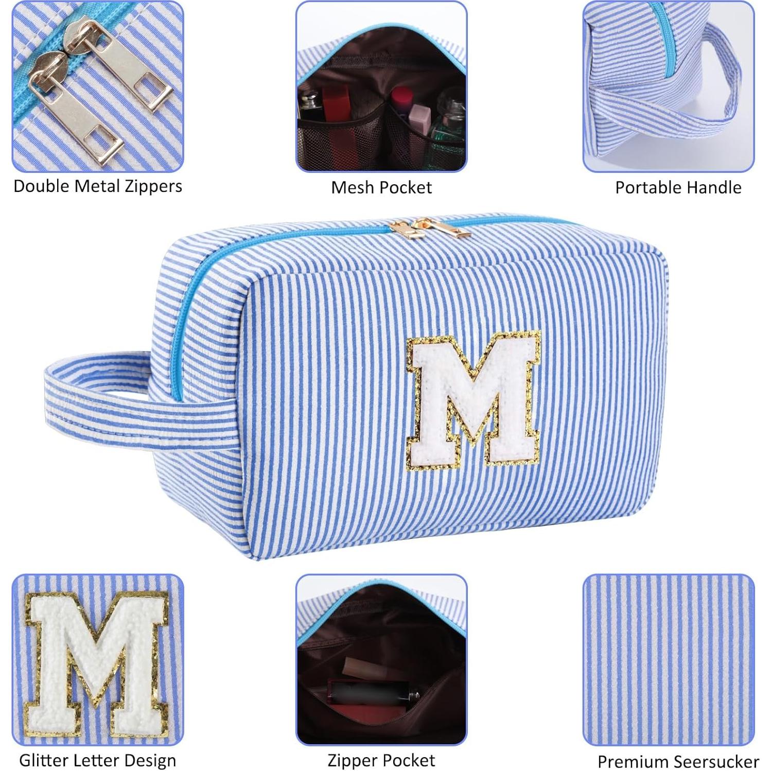 Personalized Initial Makeup Bag A-Z, Travel Toiletry Bag Preppy Make Up Bags Girls Cute Cosmetic Pouch Makeup Organizer Wedding Birthday Mothers Day Gifts for Women (Blue, M)