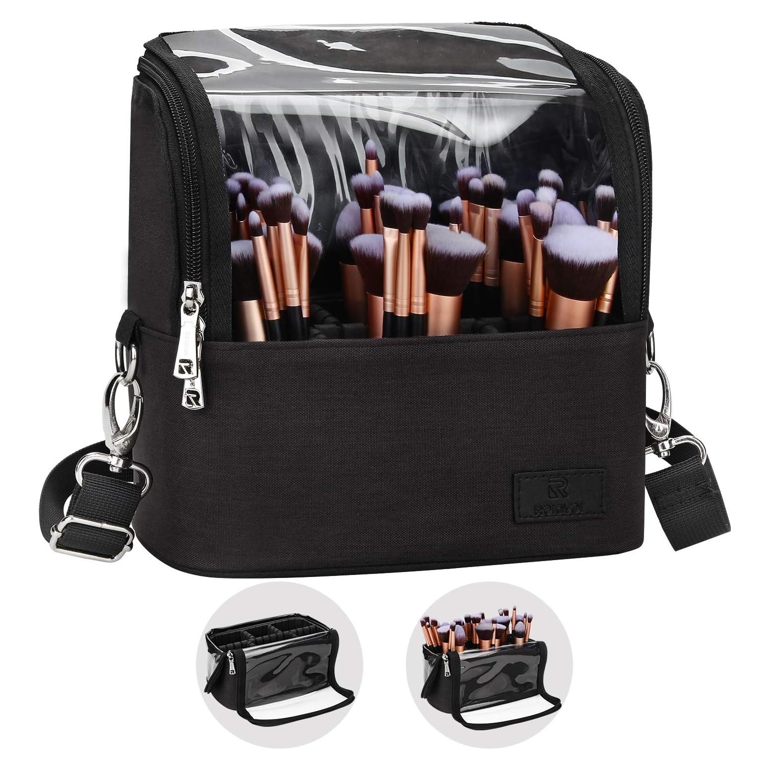 Estuche para Brochas de Maquillaje Grande Negro con Divisores Ajustables