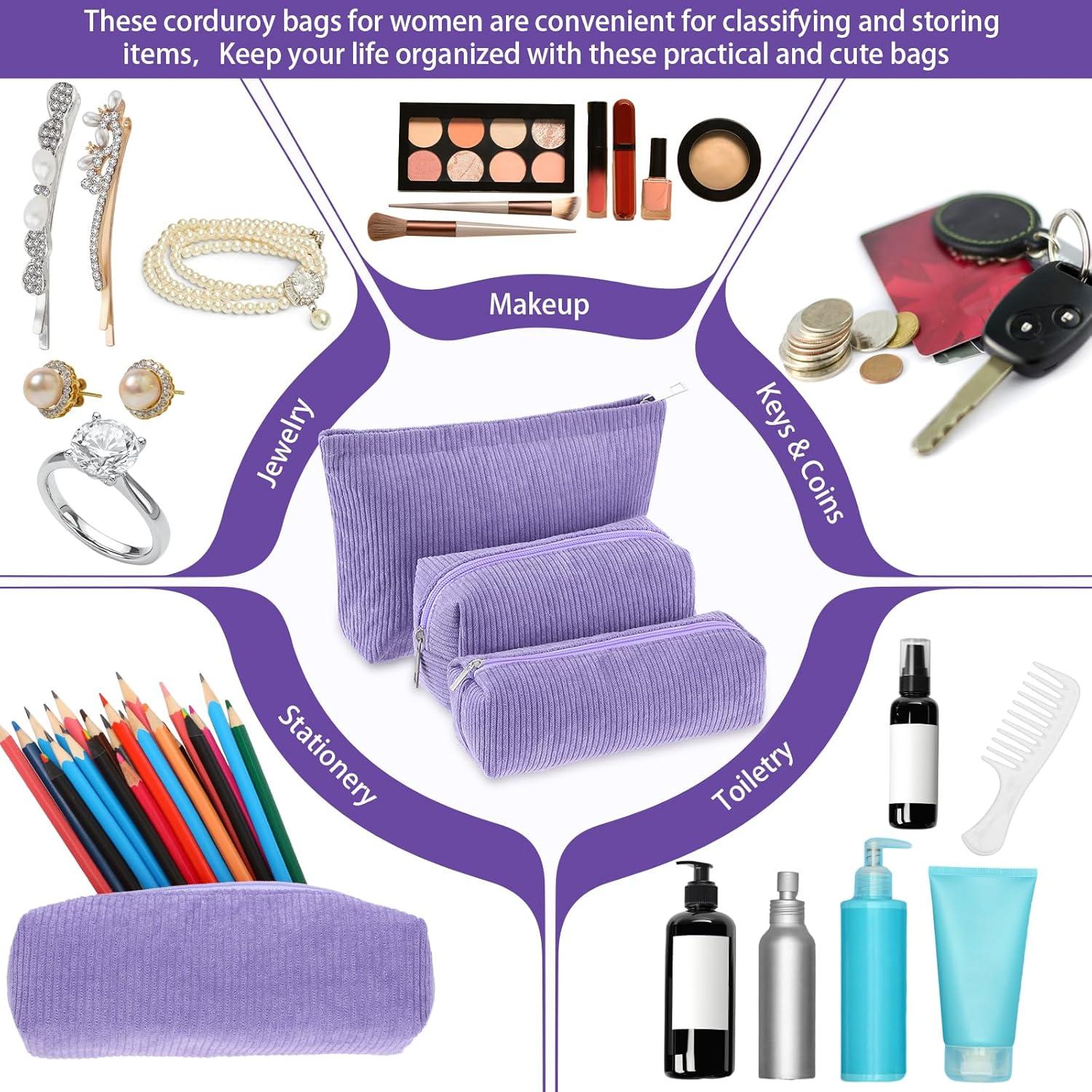 Juego de 3 Bolsas de Maquillaje Huhumy Corduroy Púrpura
