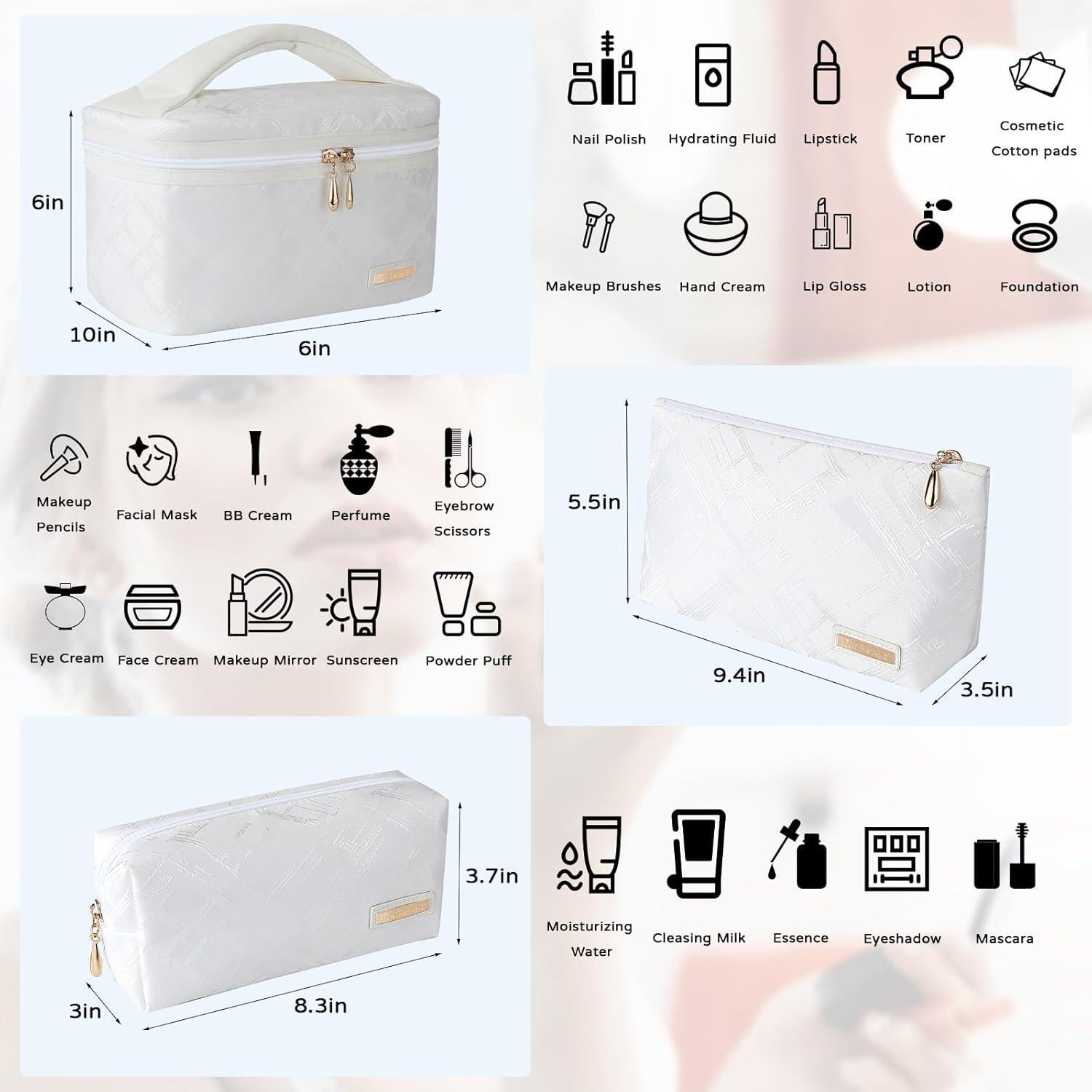 Set de 3 Bolsas de Maquillaje Richeart - Organizador Cosmético Blanco