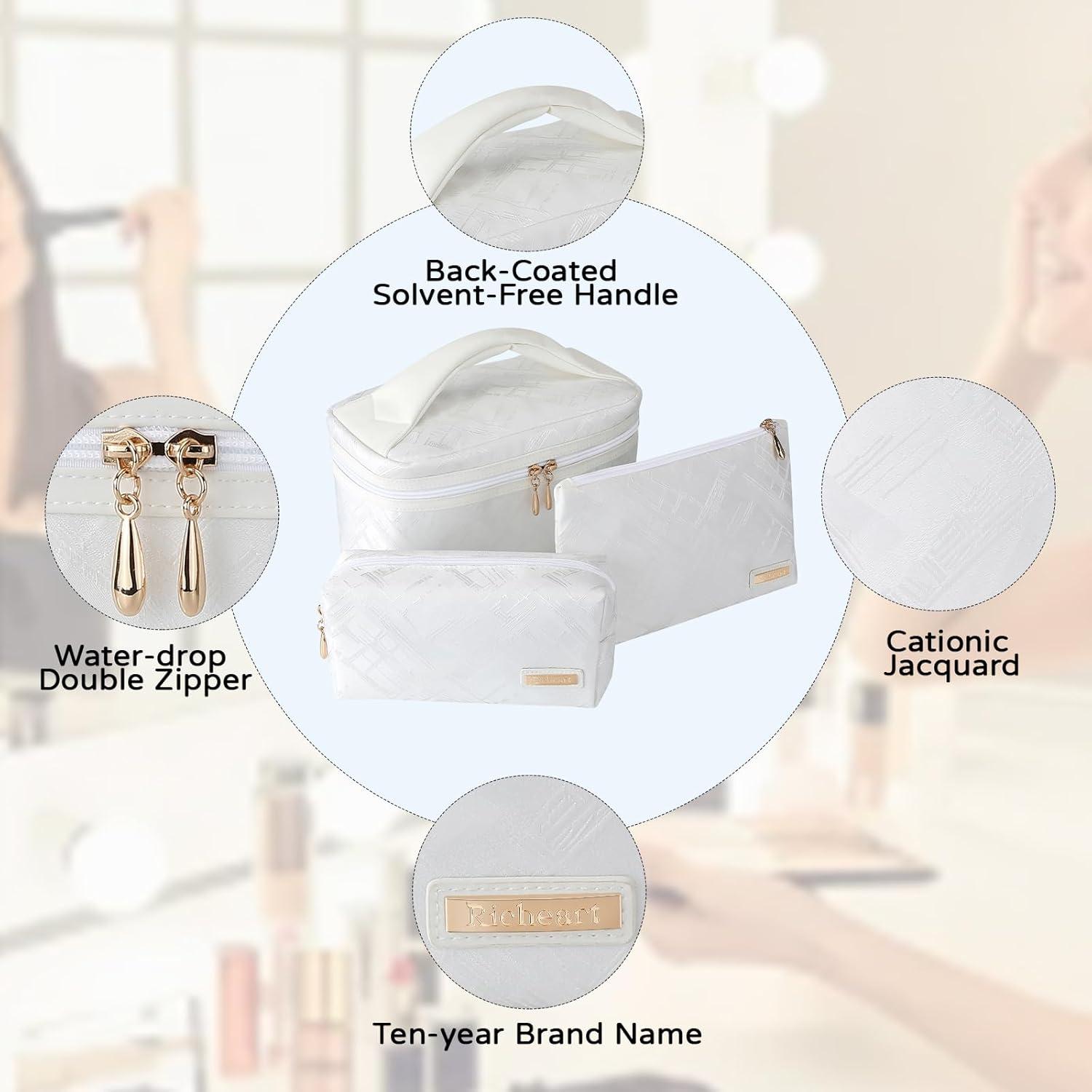 Set de 3 Bolsas de Maquillaje Richeart - Organizador Cosmético Blanco