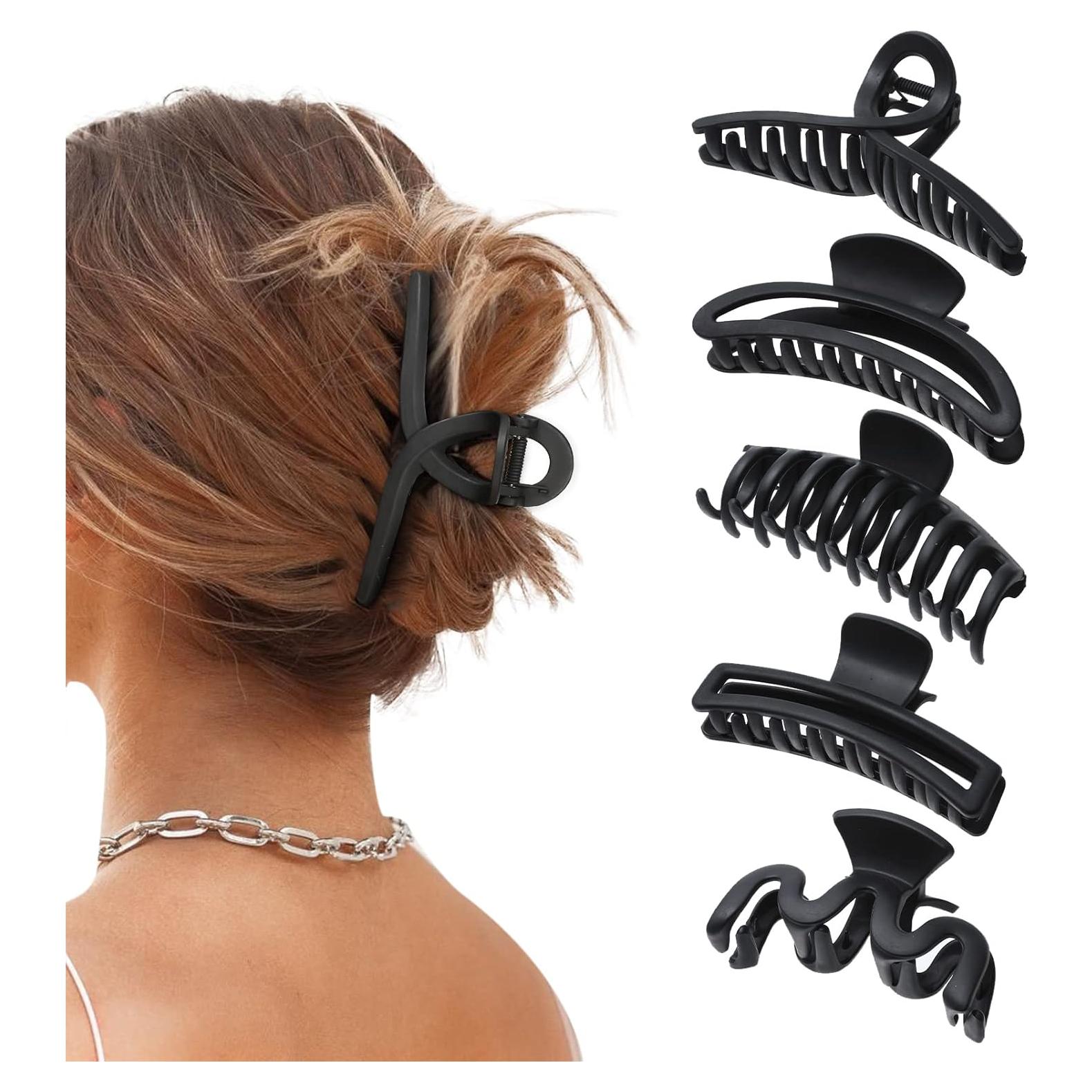 5 Clips de Garra Grandes AWAYTR para Cabello Grueso Negro Mate