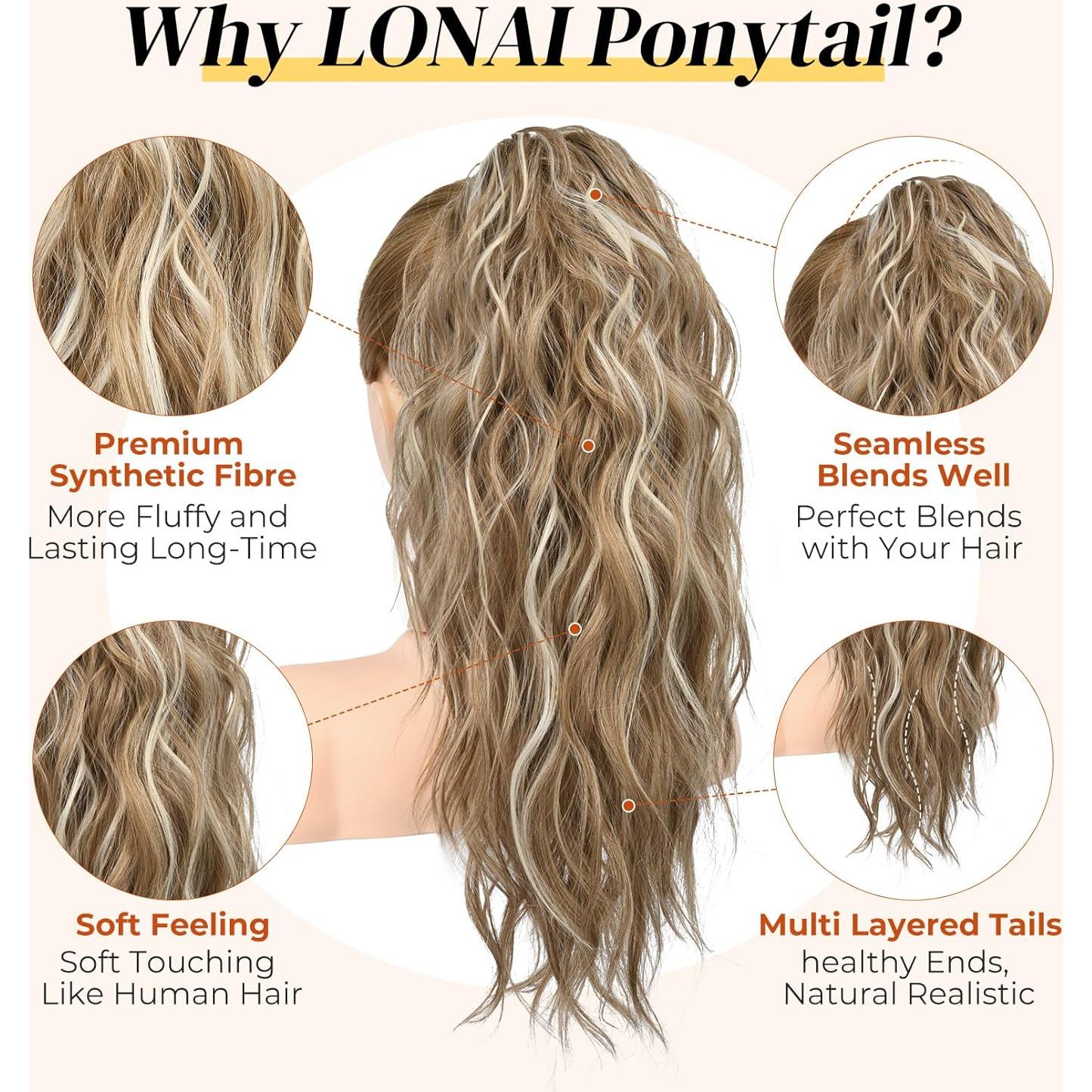 Extensión de Cola de Caballo LONAI 45.72 cm Rizada con Clip - Rubio Oscuro