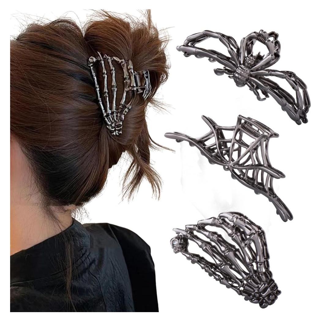 3 Clips de Pelo Mano Esqueleto Ruimo - Telaraña Negra Grande y Medio