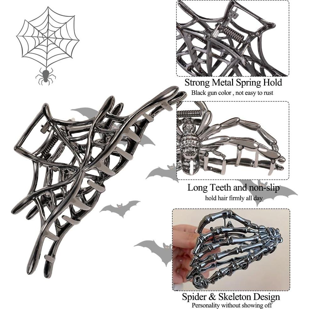 3 Clips de Pelo Mano Esqueleto Ruimo - Telaraña Negra Grande y Medio
