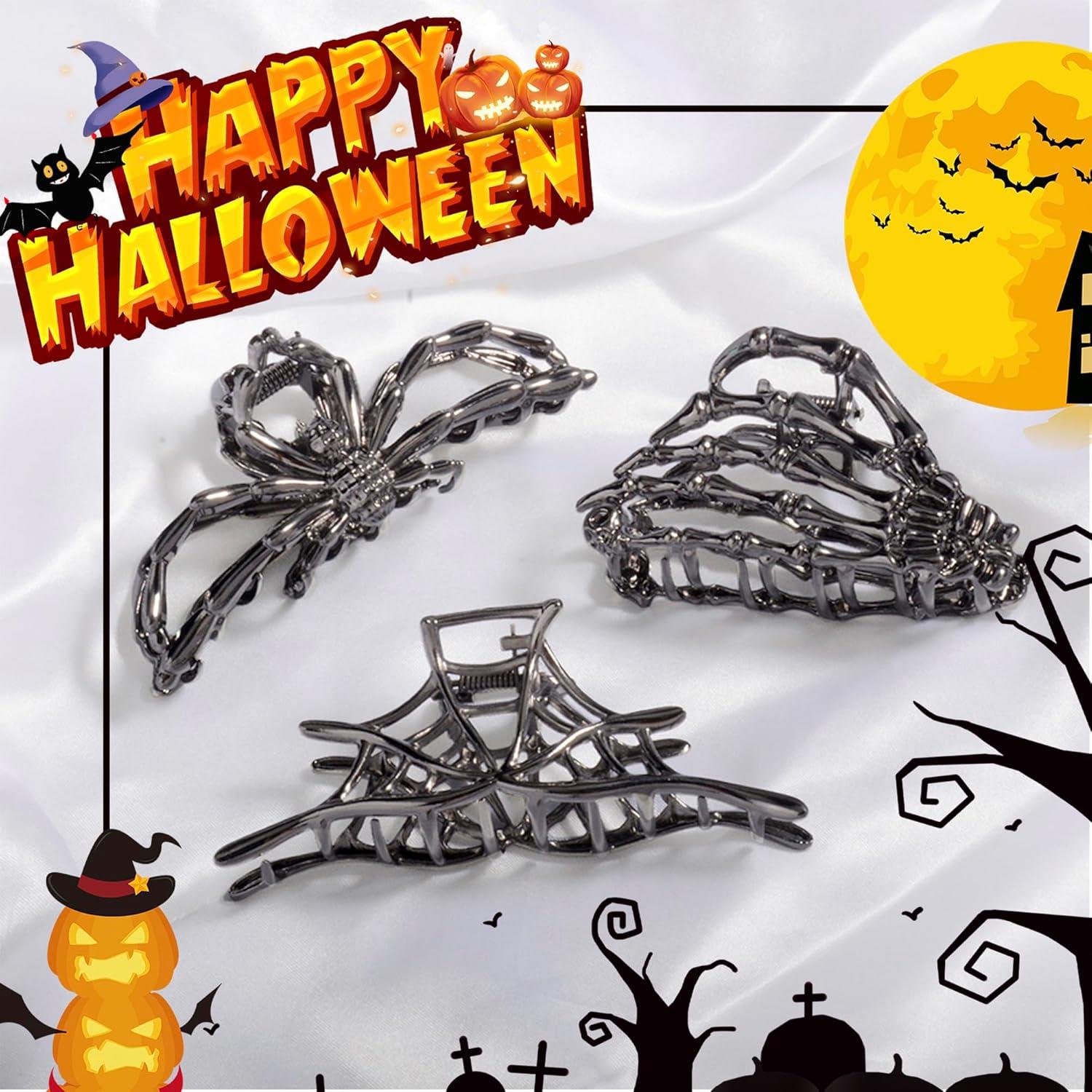 3 Clips de Pelo Mano Esqueleto Ruimo - Telaraña Negra Grande y Medio