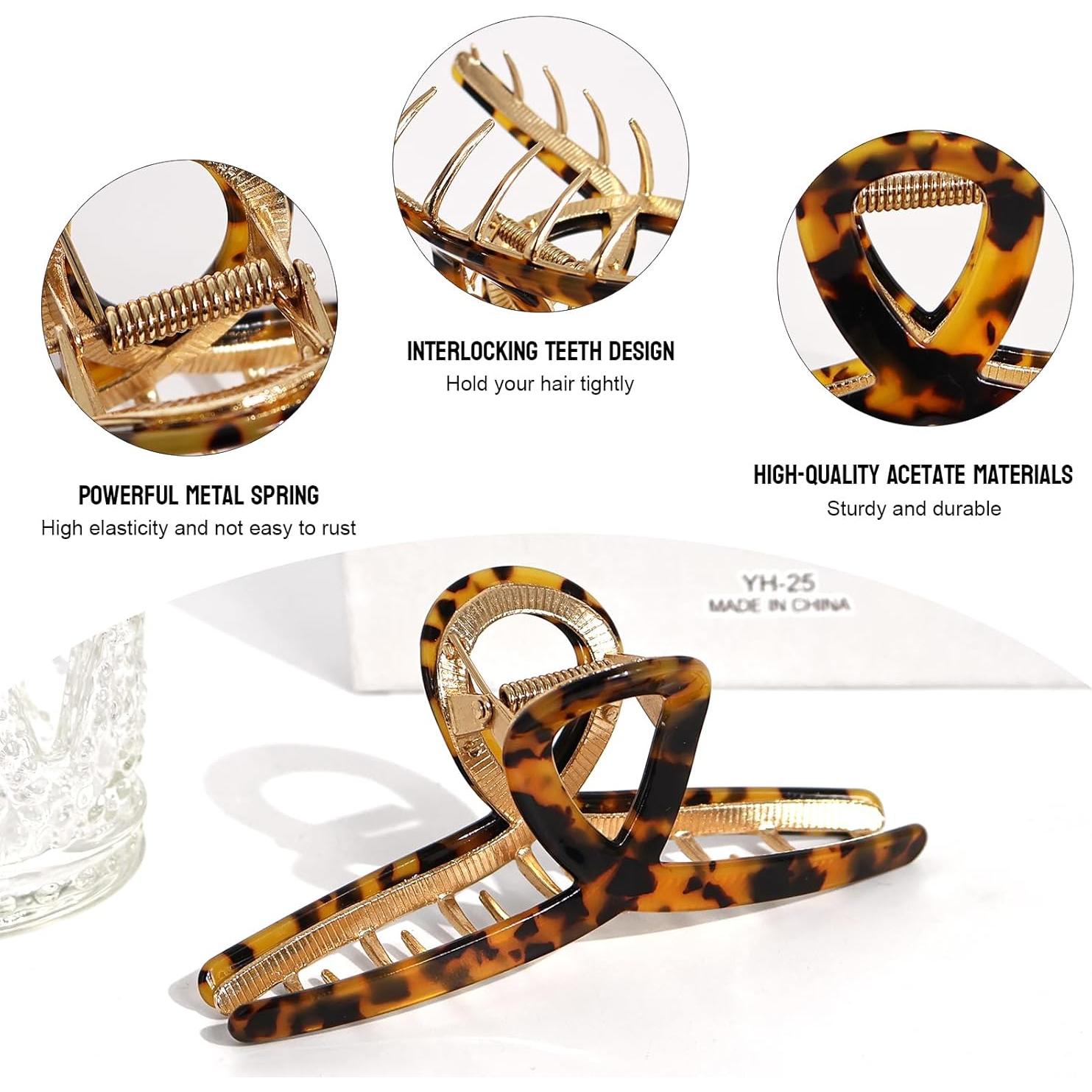 Pinzas de Pelo Metálicas Grandes MEDOCA - Doradas con Estampado de Leopardo