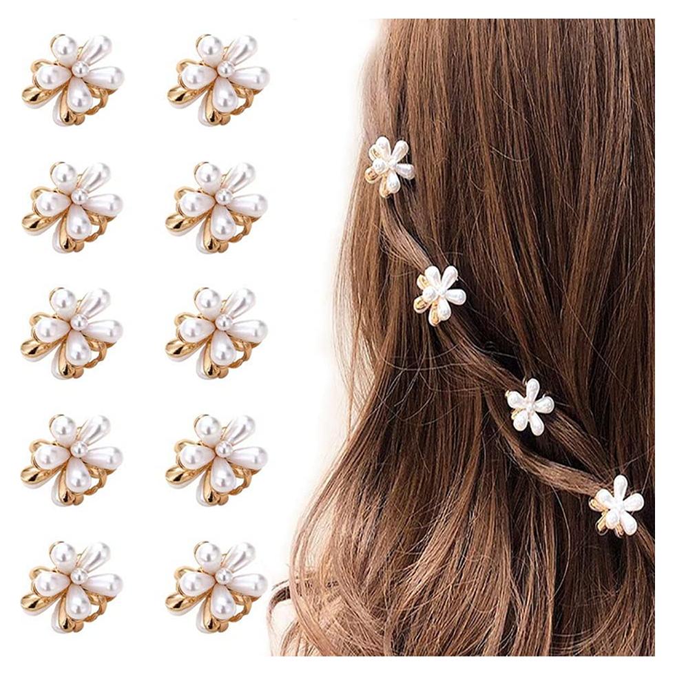 10 Mini Clips de Garra de Perlas LINXI - Diseño Floral Dulce