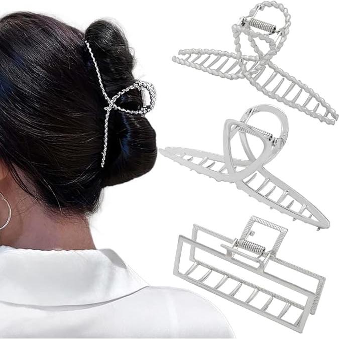 3 Clips de Garra de Metal Plateado para Cabello Grueso y Fino
