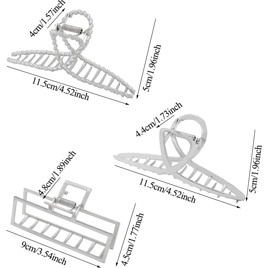 3 Clips de Garra de Metal Plateado para Cabello Grueso y Fino