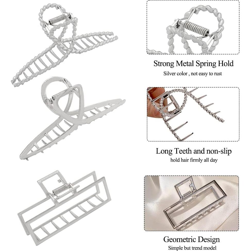 3 Clips de Garra de Metal Plateado para Cabello Grueso y Fino