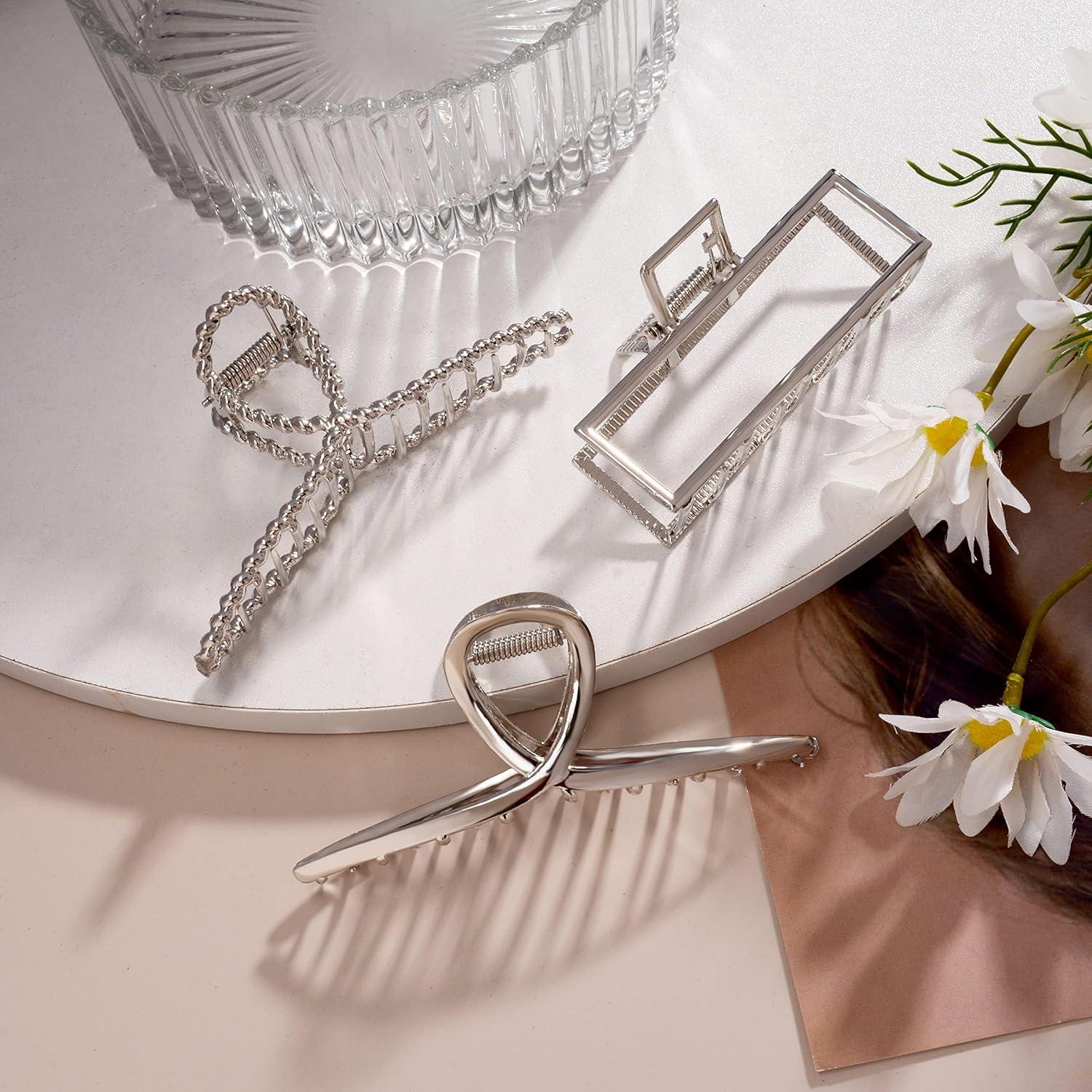 3 Clips de Garra de Metal Plateado para Cabello Grueso y Fino