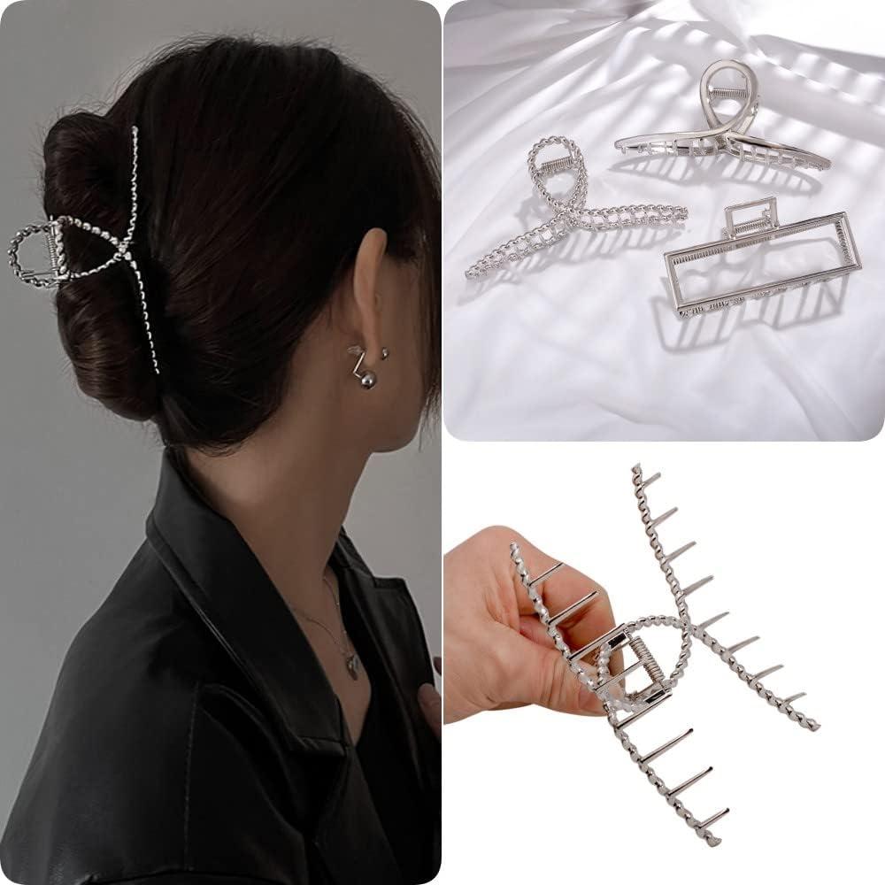3 Clips de Garra de Metal Plateado para Cabello Grueso y Fino