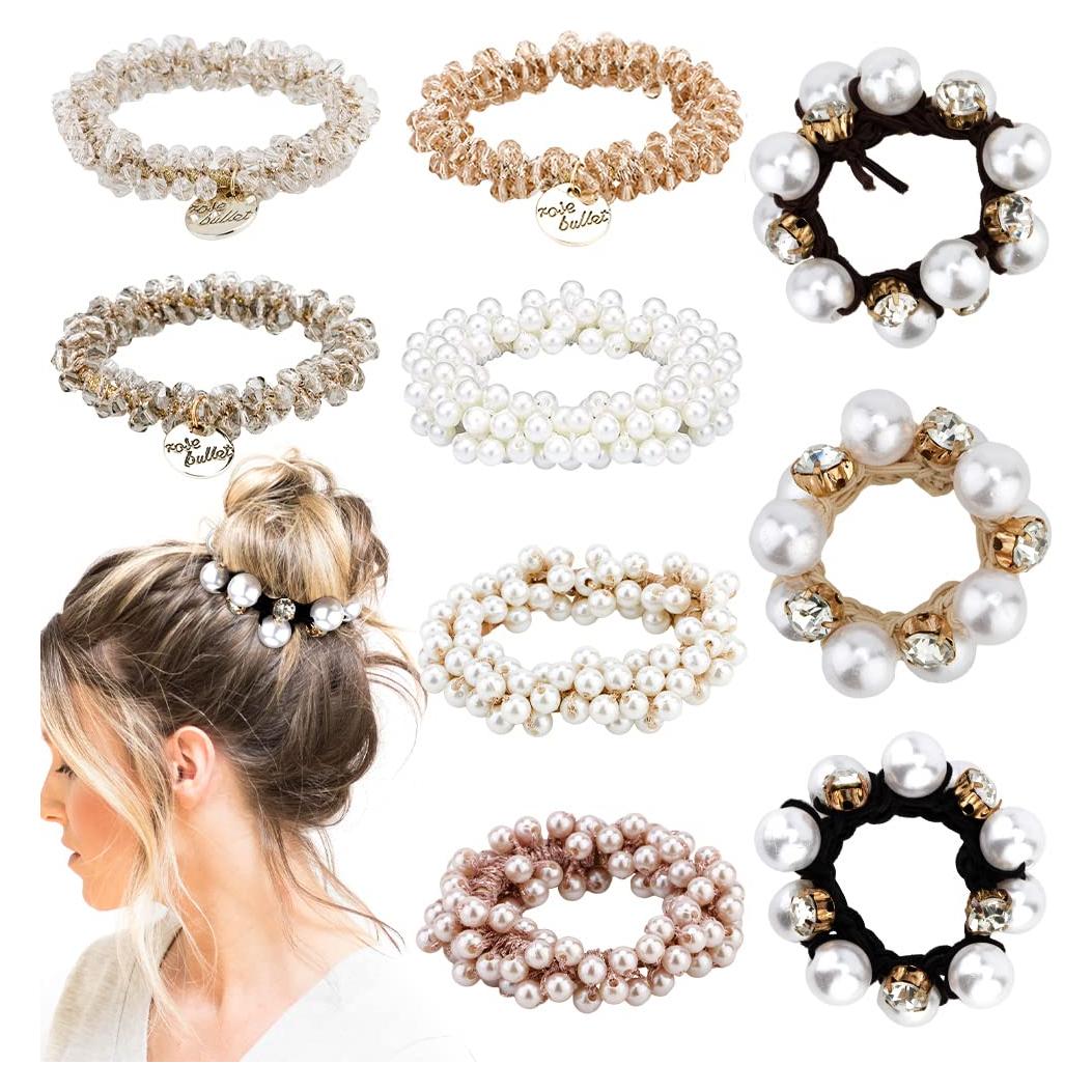 Gomas de Pelo Elásticas Ahoney 9 Pcs Perlas y Cristales