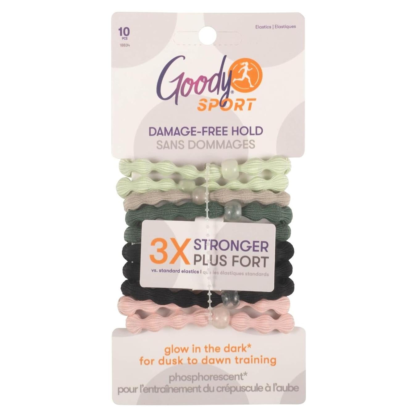 Gomas de Pelo Elásticas Goody Sport Forever - 10 Unidades, Brillan en la Oscuridad, 3X Más Fuertes