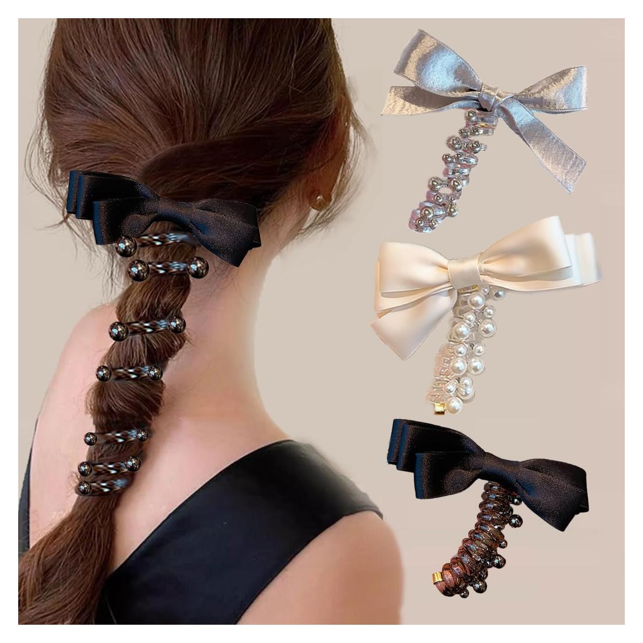 3 Lazos Trenzados de Caucho Hsheng para Cabello - Negro, Blanco, Plata