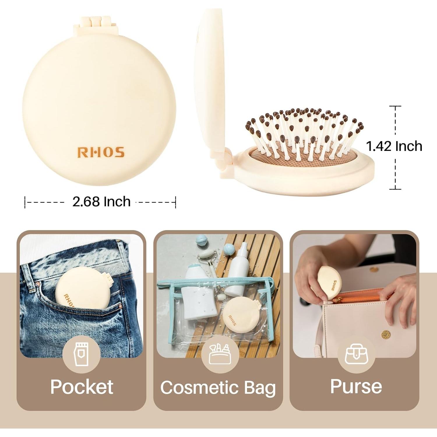 Cepillo Plegable con Espejo RHOS para Viaje - Beige