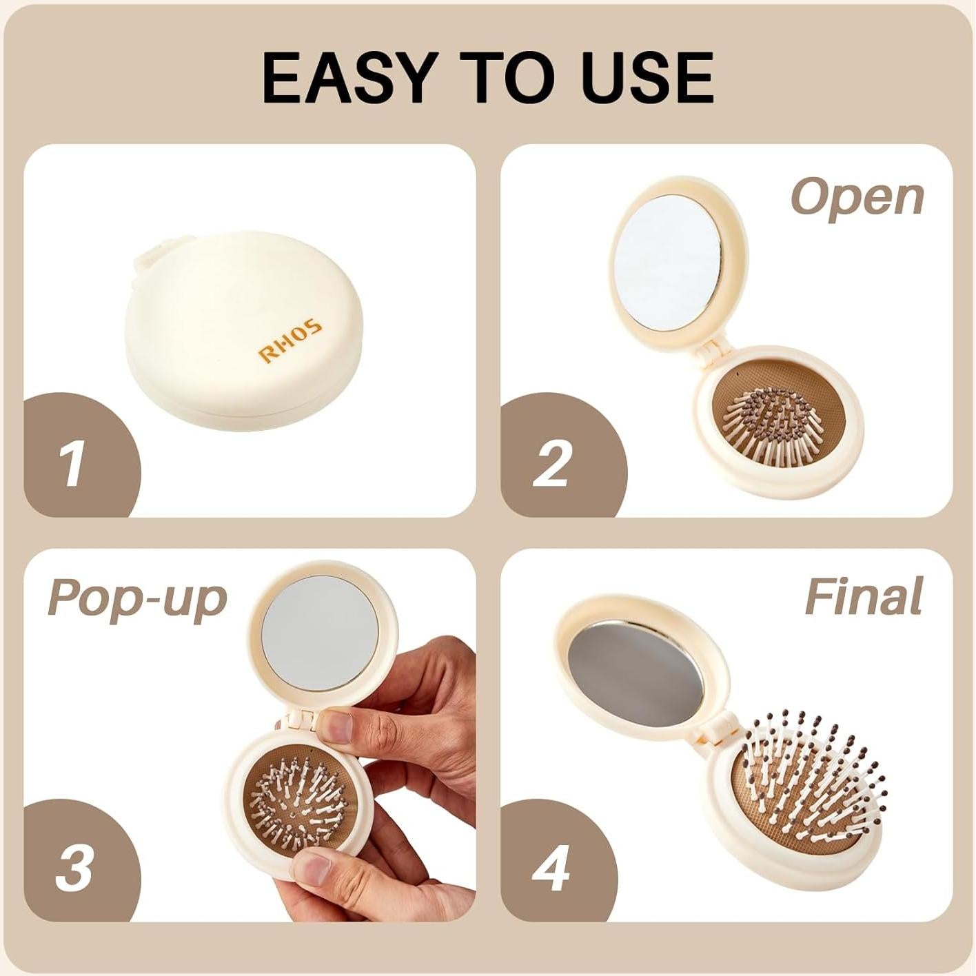Cepillo Plegable con Espejo RHOS para Viaje - Beige